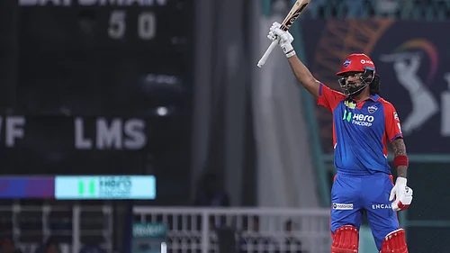 AP Photo : Delhi Capitals KL Rahul celebrates after scoring fifty runs during the Indian Premier League cricket match between Lucknow Super Giants and Delhi Capitals at Atal Bihari Vajpayee Ekana Cricket Stadium in Lucknow, India, Tuesday, April 22, 2025.