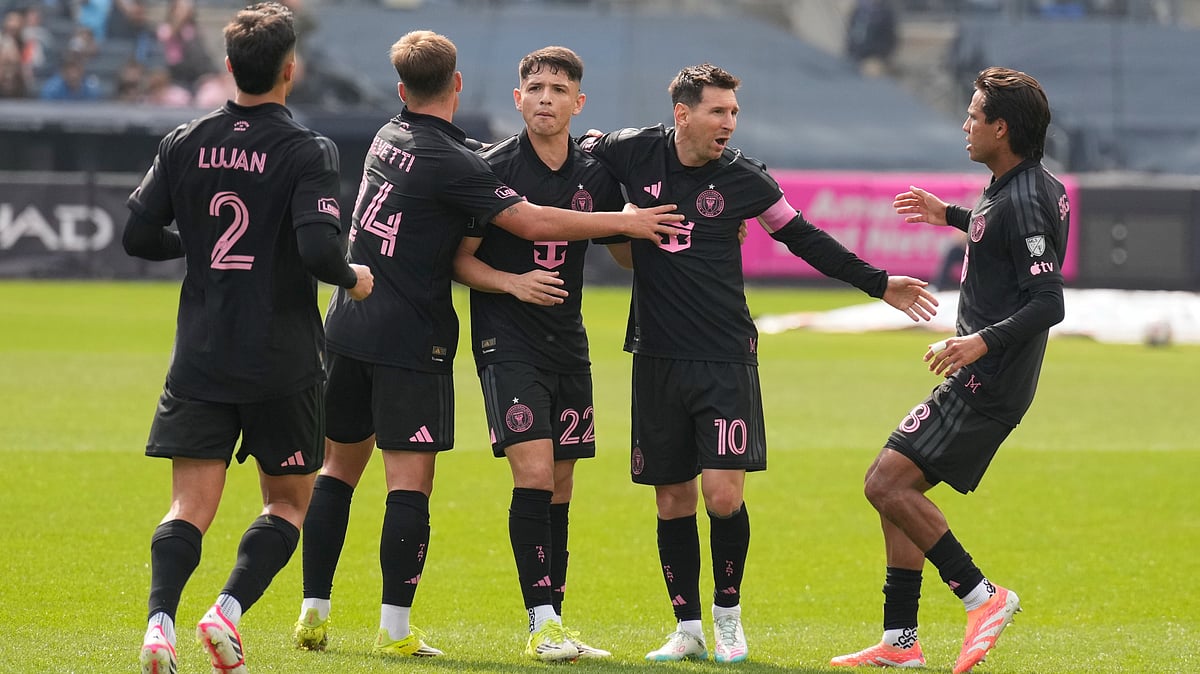 AP/Seth Wenig : Inter Miami's Lionel Messi, second from right, celebrates with teammates after scoring during the second half of an MLS soccer game against New York City FC at Yankee Stadium.