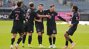 AP/Seth Wenig : Inter Miami's Lionel Messi, second from right, celebrates with teammates after scoring during the second half of an MLS soccer game against New York City FC at Yankee Stadium.