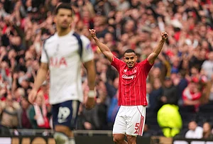 | Photo: AP/Dave Shopland : Nottingham Forest's Murillo celebrates after the English Premier League soccer match between Tottenham Hotspur and Nottingham Forest in London.