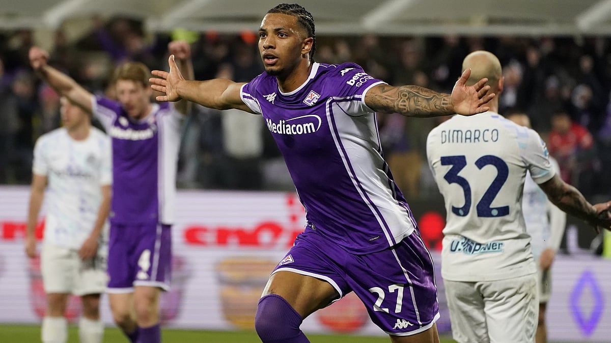 | Photo: Marco Bucco/La Presse via AP : Fiorentina's Cher Ndour celebrates after scoring the goal of 1-1 during the Serie A soccer match between Fiorentina and Inter at the Artemio Franchi stadium in Florence, Italy on Sunday, March 22, 2026. 