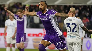 | Photo: Marco Bucco/La Presse via AP : Fiorentina's Cher Ndour celebrates after scoring the goal of 1-1 during the Serie A soccer match between Fiorentina and Inter at the Artemio Franchi stadium in Florence, Italy on Sunday, March 22, 2026.