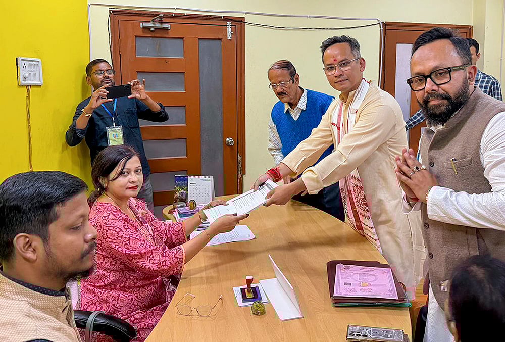 | Photo: @INCAssam/X via PTI : Assam Congress chief and the partys candidate from Jorhat constituency Gaurav Gogoi files his nomination ahead of the Assam Assembly elections, in Jorhat district. 
