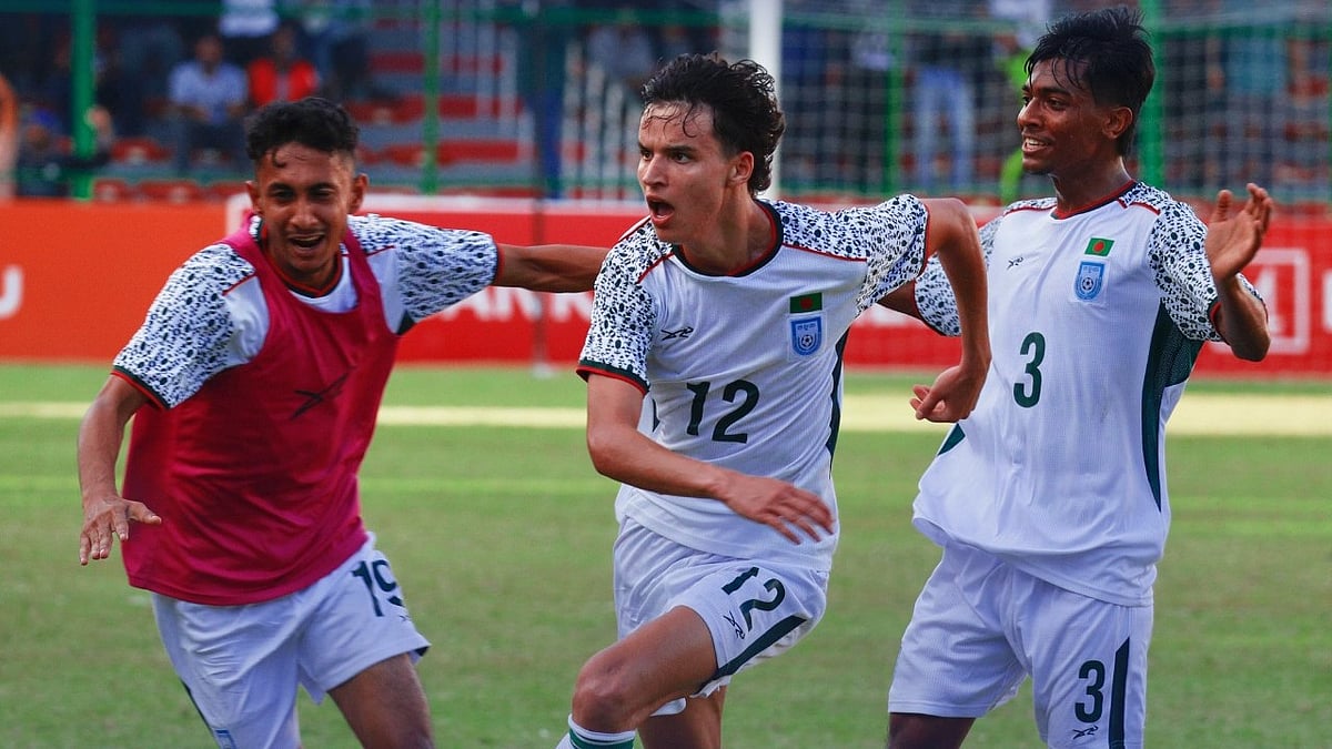 Photo: X/Bangladesh Football Federation : Ronan Sullivan (centre) celebrates after scoring a goal for Bangladesh against Pakistan in the SAFF U20 Championship 2026.