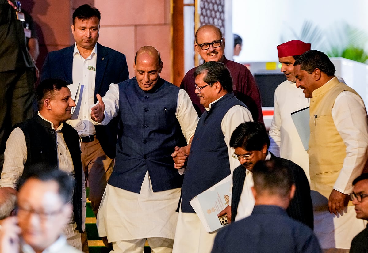 RAVI CHOUDHARY : Union Defence Minister Rajnath Singh, Congress MPs Mukul Wasnik and Tariq Anwar, Samajwadi Party (SP) MP Dharmendra Yadav and others leave after the all-party meeting convened by the government to discuss the ongoing West Asia crisis, in New Delhi, Wednesday, March 25, 2026. 