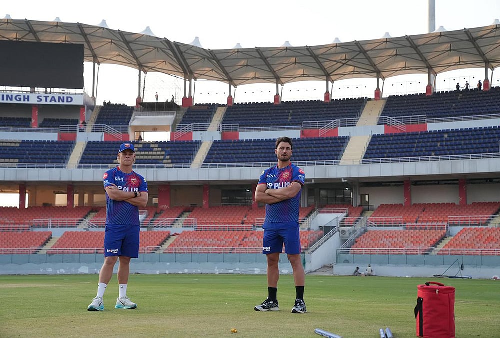 | Photo: Special Arrangement : Marcs Stoinis with Cooper Connolly during the PBKS training session at the New International Cricket Stadium, New Chandigarh.