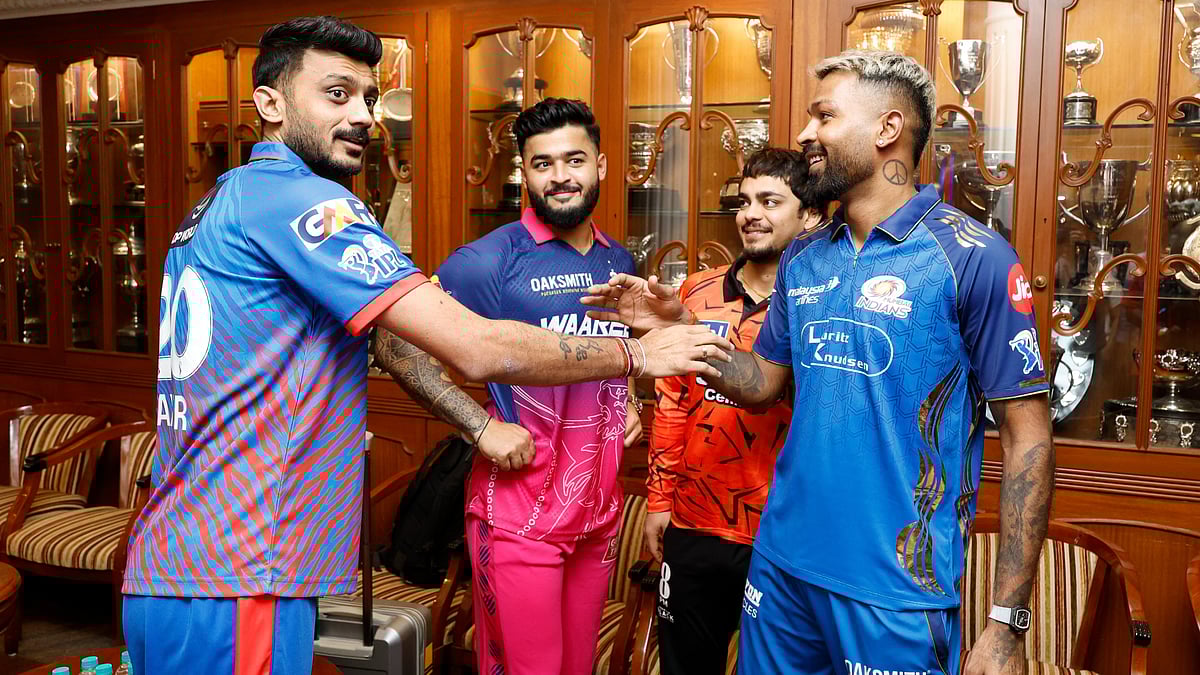 X/Indian Premier League : Indian Premier League team captains (from left) Axar Patel (Delhi Capitals), Riyan Parag (Rajasthan Royals), Ishan Kishan (Sunrisers Hyderabad, interim) and Hardik Pandya (Mumbai Indians) interact in Mumbai ahead of the meeting with the Board of Control for Cricket in India.