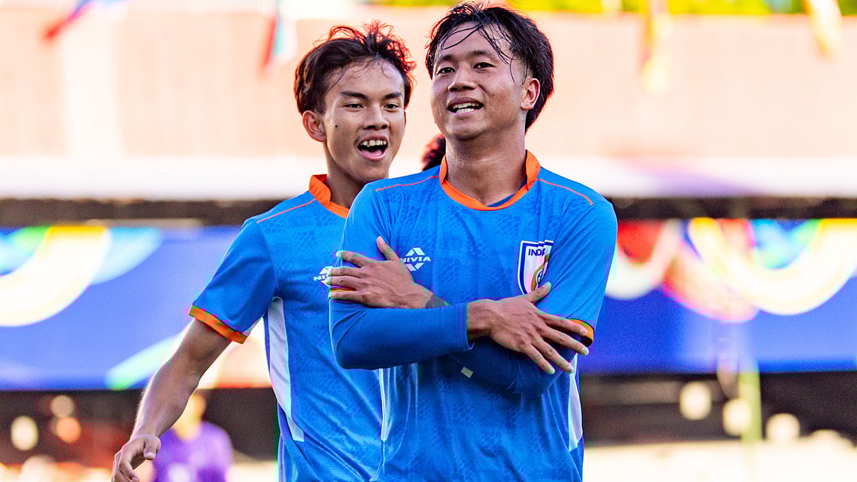 AIFF : Omang Dodum celebrates his goal against Pakistan in SAFF U-20 Championships 2026. 