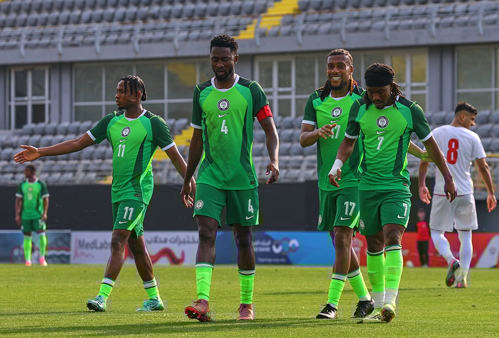 | Photo: AP/Riza Ozel : Nigerias players celebrate after teammate Akor Adams scored their sides second goal during a friendly soccer match between Iran and Nigeria in Antalya, southern Turkey.