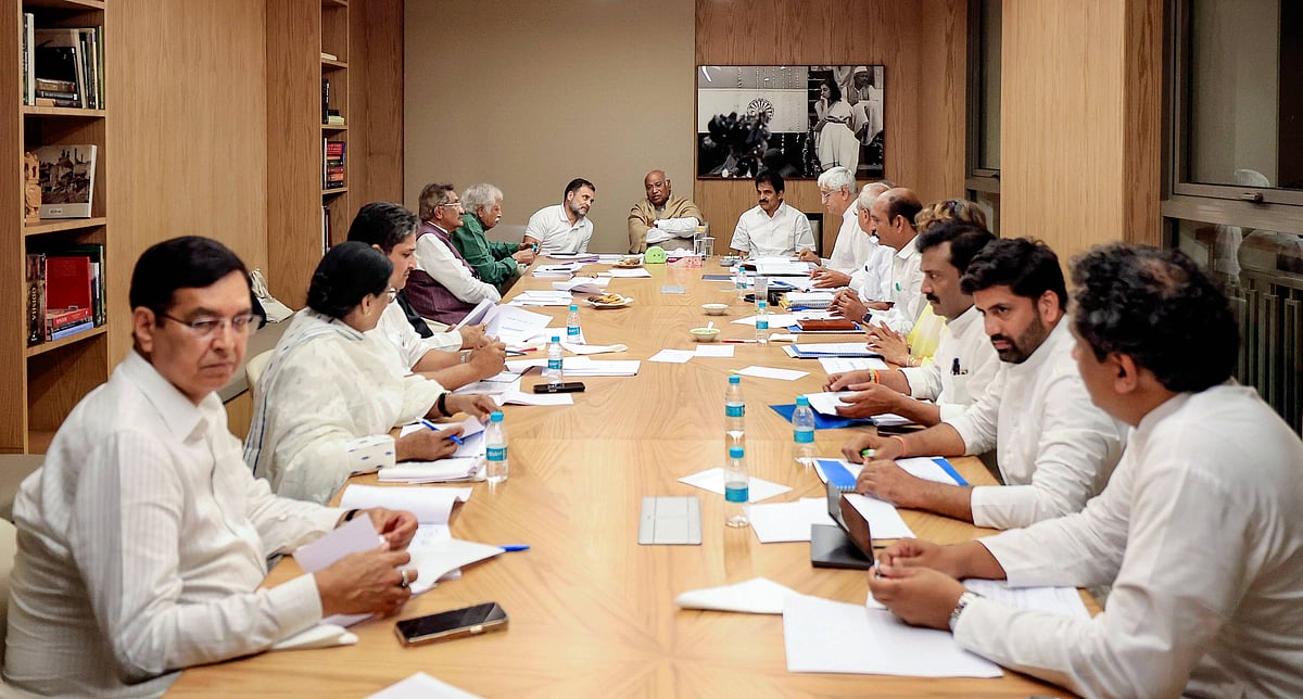 Congress President Mallikarjun Kharge, Lok Sabha LoP Rahul Gandhi, Congress General Secretary (Organisation) KC Venugopal and others at the Central Election Committee meeting for Puducherry, in New Delhi on Wednesday