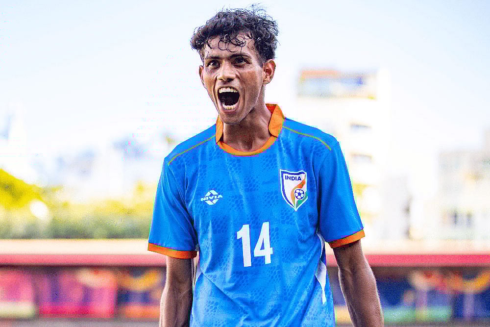 | Photo: Special Arrangement : Vishal Yadav celebrating after scoring goal against Pakistan in SAFF U20 Championships 2026. 