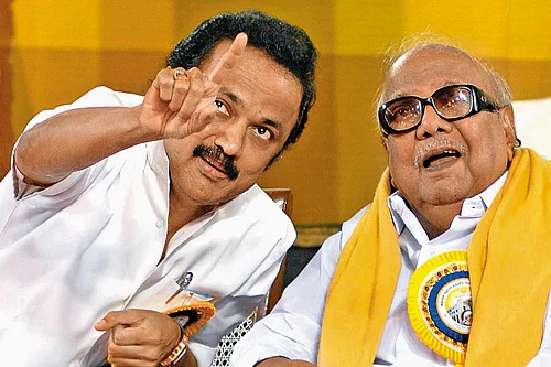 Father-Son: M. Karunanidhi with his son and Chief Minister M. K. Stalin, who has gone all out to consolidate his power by expanding the concept of social justice
