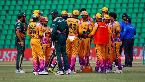 thepslt20/x : Peshawar Zalmi cricketers celebrate a wicket against Rawalpindi Pindiz during PSL 2026 clash at Lahore.