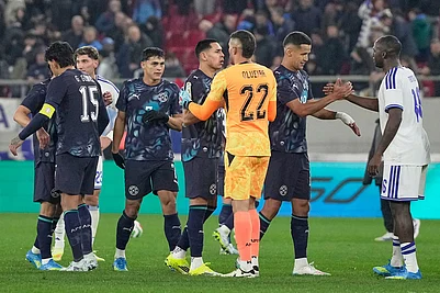 | Photo: AP/Thanassis Stavrakis : Paraguays players celebrate their victory at the international friendly soccer match between Greece and Paraguay in Piraeus, Greece.