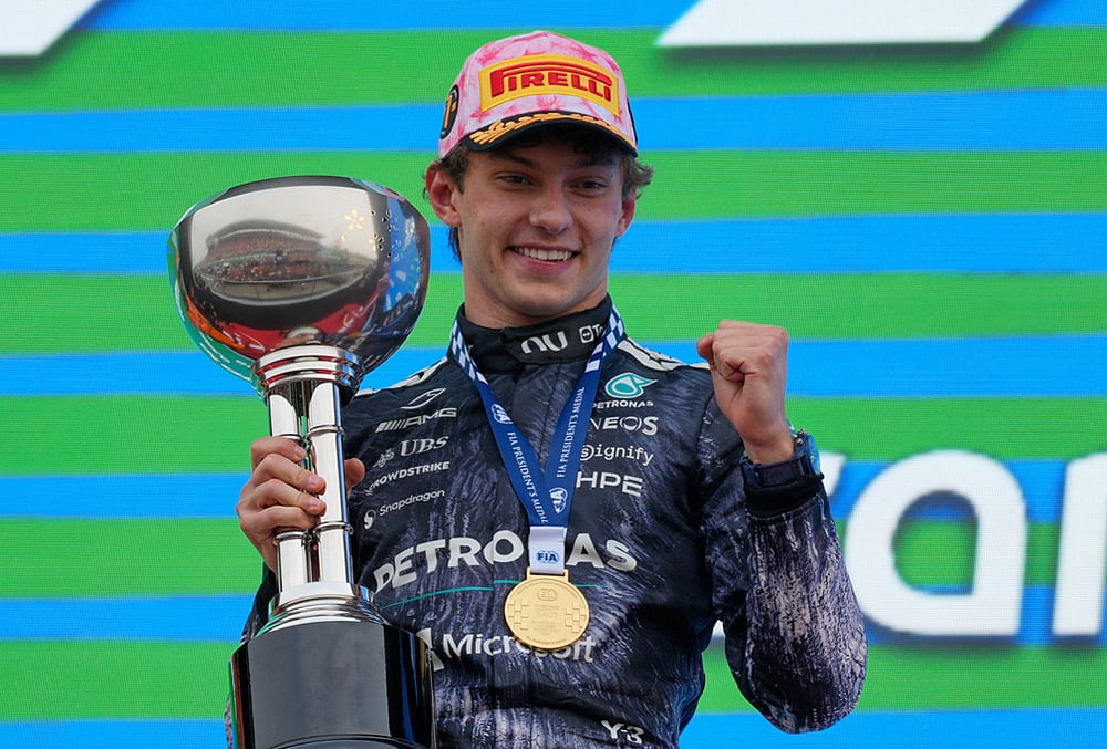 | Photo: AP/Eugene Hoshiko : Mercedes driver Kimi Antonelli of Italy reacts on the podium after winning the Japanese Formula One Grand Prix at Suzuka in central Japan.