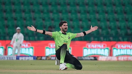 | Photo: AP/K.M. Chaudary : Lahore Qalandars Shaheen Shah Afridi appeals unsuccessful LBW out of Hyderabad Kingsmen Saim Ayub during the opening cricket match of the Pakistan Super League between Lahore Qalandars and Hyderabad Kingsmen, which taking place without spectators, in Lahore, Pakistan.