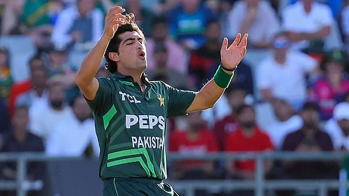 | Photo: AP/Halden Krog : Naseem Shah in action for Pakistan.