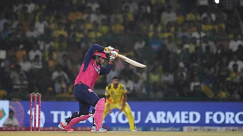 | Photo: AP/Manish Swarup : RR Vs CSK, IPL 2026: Vaibhav Sooryavanshi hitting a cover drive against CSK