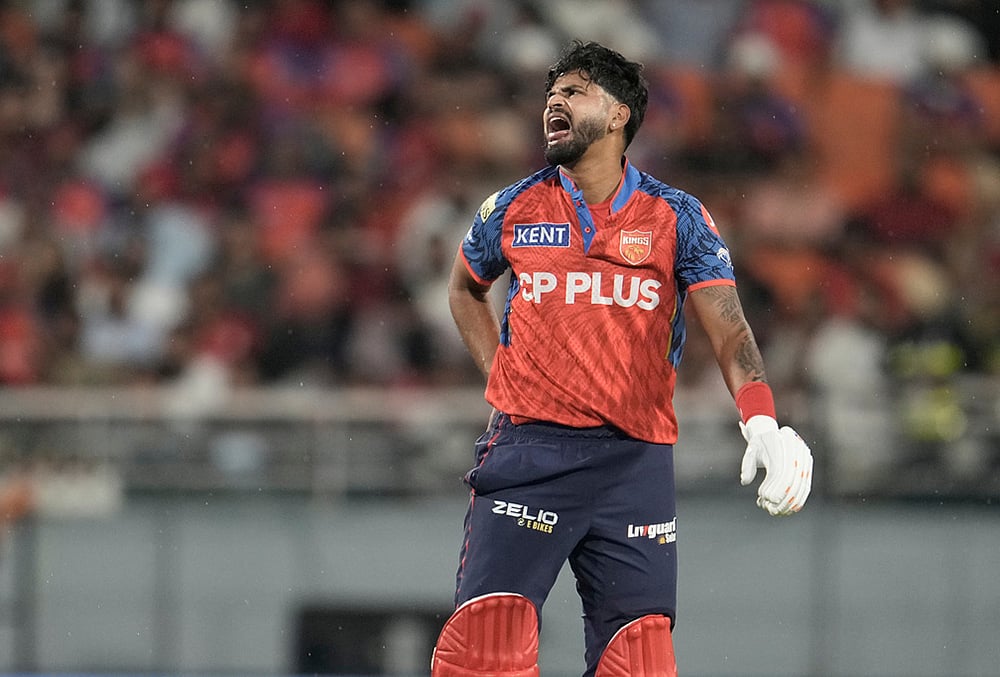 | Photo: AP/Ashwini Bhatia : Punjab Kings captain Shreyas Iyer winces in pain after getting hit by a shot from batting partner Cooper Connolly during the Indian Premier League cricket match between Gujarat Titans and Punjab Kings in New Chandigarh.