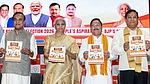 PTI : From left, Assam Chief Minister Himanta Biswa Sarma, Union Finance Minister Nirmala Sitharaman, state BJP president Dilip Saikia and Union Minister of Ports, Shipping and Waterways Sarbananda Sonowal during the Bharatiya Janata Party Assam units election manifesto release ahead of the state Assembly elections, at the partys state headquarters, in Guwahati, Tuesday, March 31, 2026.