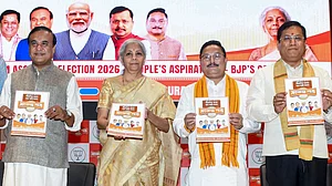 PTI : From left, Assam Chief Minister Himanta Biswa Sarma, Union Finance Minister Nirmala Sitharaman, state BJP president Dilip Saikia and Union Minister of Ports, Shipping and Waterways Sarbananda Sonowal during the Bharatiya Janata Party Assam units election manifesto release ahead of the state Assembly elections, at the partys state headquarters, in Guwahati, Tuesday, March 31, 2026.