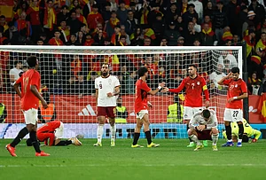 | Photo: AP/Joan Monfort : Spain's and Egypt players react at the end of the international friendly soccer match between Spain and Egypt in Barcelona, Spain.