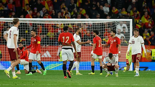 | Photo: AP/Joan Monfort : Spains and Egypt players react at the end of the international friendly soccer match between Spain and Egypt in Barcelona, Spain, Tuesday, March 31, 2026.