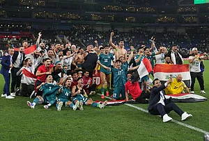 | Photo: AP/Fernando Llano : Iraq's players celebrate after the World Cup playoff final soccer match between Iraq and Bolivia in Monterrey, Mexico.