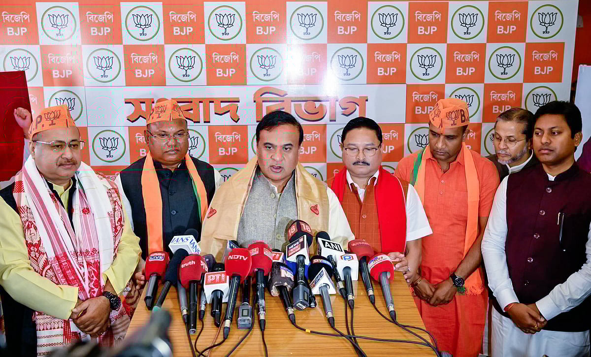 ANI News : Assam Chief Minister Himanta Biswa Sarma speaks during a press conference on the joining of three Congress MLAs to BJP at state party office, in Guwahati recently.