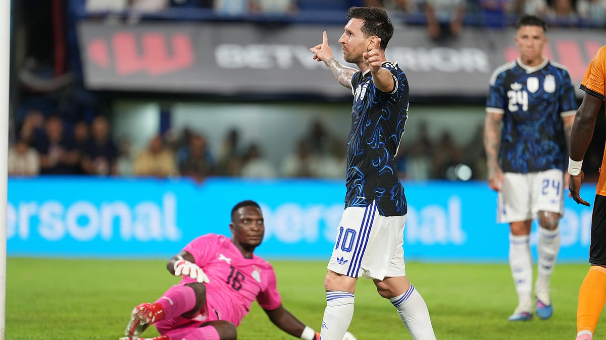 | Photo: AP/Rodrigo Abd : Argentina's Lionel Messi celebrates scoring his side's second goal against Zambia during a friendly soccer match in Buenos Aires, Argentina, Tuesday, March 31, 2026. 