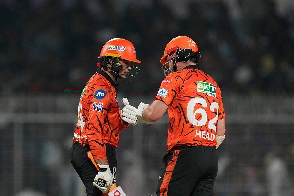 | Photo: AP/Bikas Das : Sunrisers Hyderabads Travis Head, right, and Sunrisers Hyderabads Abhishek Sharma celebrate scoring runs during the Indian Premier League cricket match between Kolkata Knight Riders and Sunrisers Hyderabad in Kolkata, India.