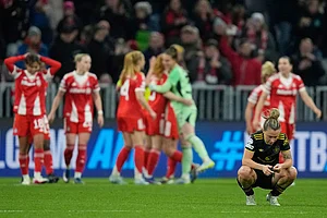 | Photo: AP/Matthias Schrader : Manchester United's Julia Zigiotti Olme reacts after her side lose 2-1 during the Women's Champions League quarterfinal second leg soccer match between Bayern Munich and Manchester United in Munich, Germany.