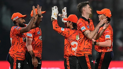 AP : Sunrisers Hyderabad players celebrate the wicket of Kolkata Knight Riders captain Ajinkya Rahane during their Indian Premier League 2026 match in Kolkata.