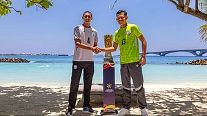 | Photo: AIFF : India captain Suraj Singh Aheibam and Bangladesh captain Md Mithu Chowdhury ahead of their SAFF U20 Championship match on April 3, 2026.