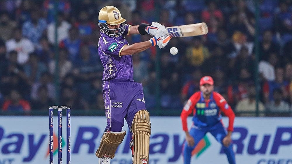 | Photo: AP : IPL 2025: Ajinkya Rahane plays a pull shot against Delhi Capitals 