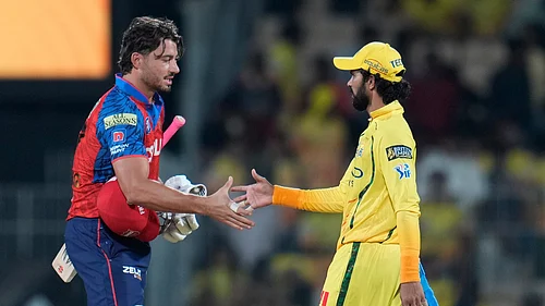 AP Photo : Punjab Kings Marcus Stoinis shakes hand with Chennai Super Kings captain Ruturaj Gaikwad after wining the Indian Premier League cricket against Chennai Super Kings and Punjab Kings in Chennai, India, Friday, April 3, 2026.