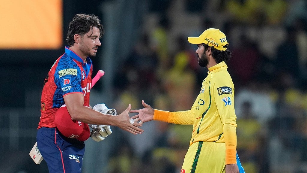 AP Photo/Aijaz Rahi : Punjab Kings Marcus Stoinis shakes hand with Chennai Super Kings captain Ruturaj Gaikwad after wining the Indian Premier League cricket against Chennai Super Kings and Punjab Kings in Chennai, India, Friday, April 3, 2026.