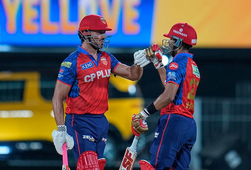 | Photo: AP/Aijaz Rahi : Punjab Kings Marcus Stoinis with batting partner Shashank Singh celebrate after wining against Chennai Super Kings during the Indian Premier League cricket in Chennai.