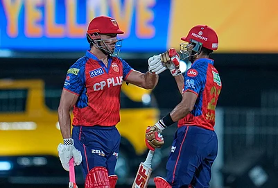 | Photo: AP/Aijaz Rahi : Punjab Kings Marcus Stoinis with batting partner Shashank Singh celebrate after wining against Chennai Super Kings during the Indian Premier League cricket in Chennai.