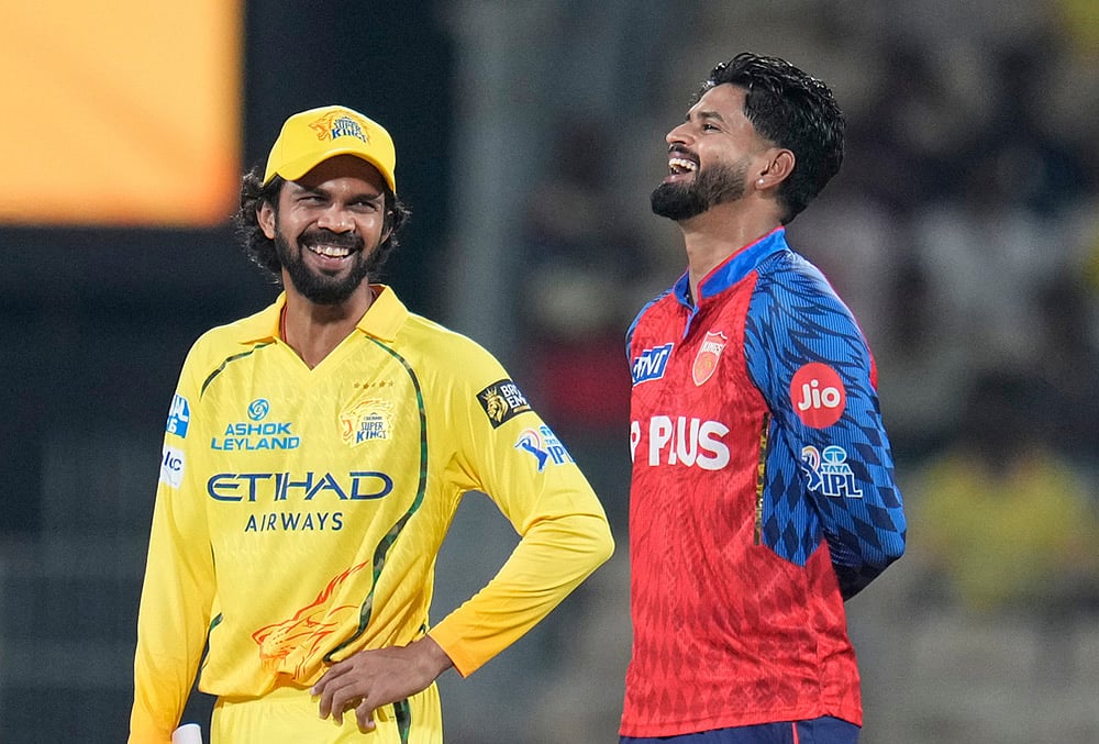 | Photo: AP/Aijaz Rahi : Chennai Super Kings captain Ruturaj Gaikwad and Punjab Kings captain Shreyas Iyer react at the toss during the start of the Indian Premier League cricket match between their teams in Chennai.