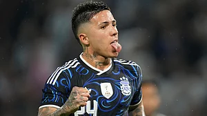 | Photo: AP/Gustavo Garello : Argentina's Enzo Fernandez celebrates scoring his side's opening goal against Mauritania during a friendly match in Buenos Aires, Argentina, Friday, March 27, 2026.