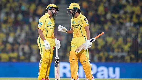 AP Photo : Chennai Super Kings captain Ruturaj Gaikwad talks to batting partner Ayush Mhatre during the Indian Premier League cricket match between Chennai Super Kings and Punjab Kings in Chennai, India, Friday, April 3, 2026.