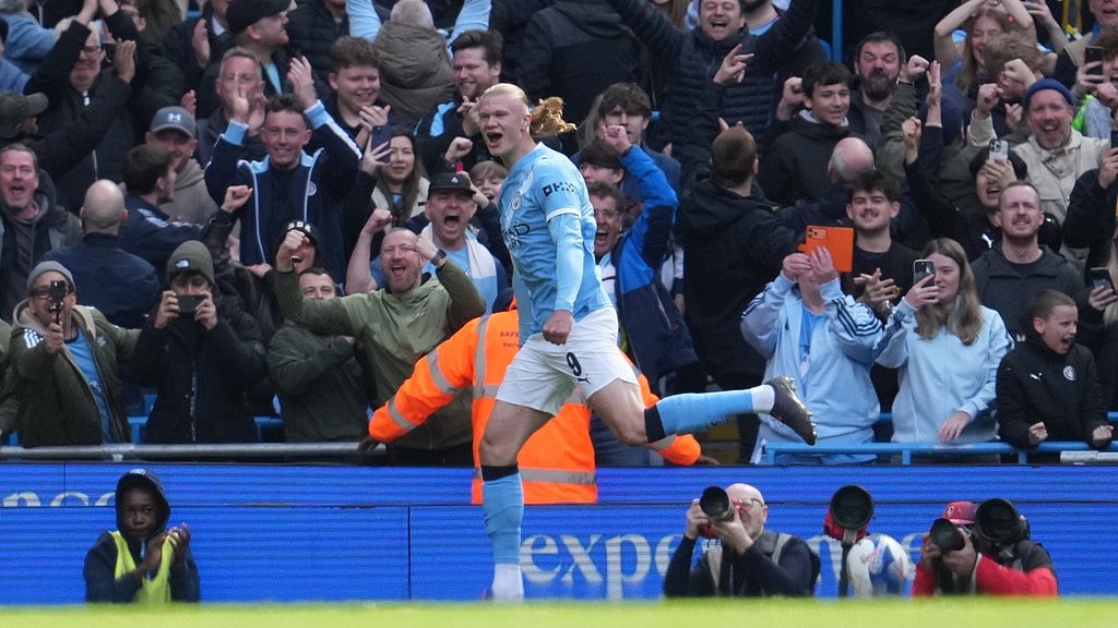 Photo: AP : Manchester City's Erling Haaland celebrates after scoring during the FA Cup quarter-final match in Manchester.