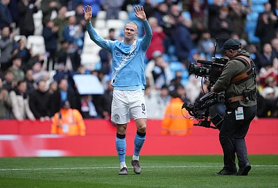 | Photo: AP/Jon Super : Manchester Citys Erling Haaland reacts after the FA Cup quarter-final soccer match between Manchester City and Liverpool in Manchester, England.