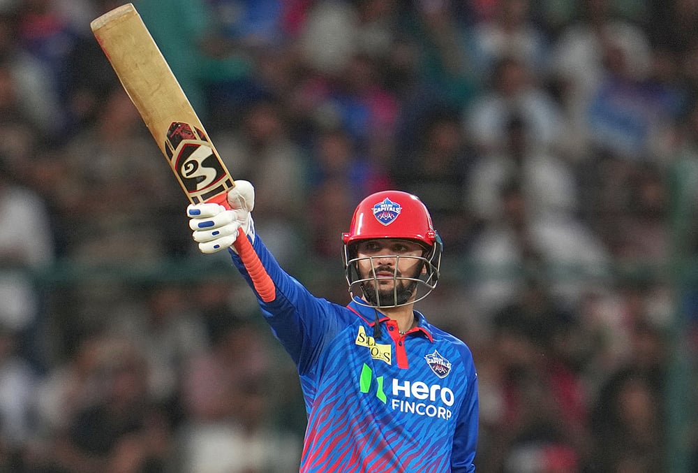 | Photo: AP/Manish Swarup : Delhi Capitals Sameer Rizvi celebrates his fifty runs during the Indian Premier League cricket match between Delhi Capitals and Mumbai Indians in New Delhi.