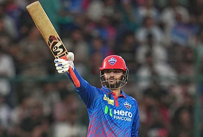 | Photo: AP/Manish Swarup : Delhi Capitals Sameer Rizvi celebrates his fifty runs during the Indian Premier League cricket match between Delhi Capitals and Mumbai Indians in New Delhi.