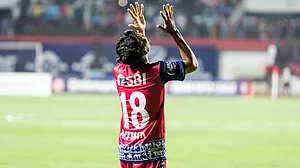 Indian Super League : Jamshedpur FC's Ritwik Das celebrates his goal against Mohun Bagan Super Giant in the Indian Super League.