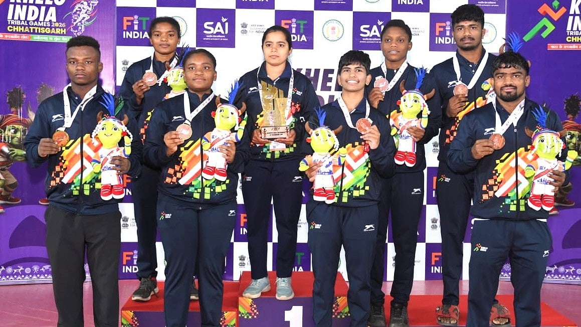 SAI Media : The Karnataka wrestling contingent poses with its medals at Khelo India Tribal Games 2026.