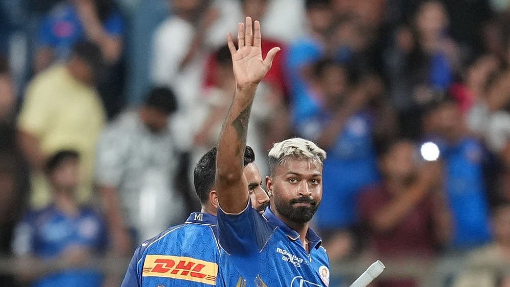 | Photo: AP/Rafiq Maqbool : Mumbai Indians captain Hardik Pandya celebrates after won the match during the Indian Premier League cricket match between Mumbai Indians and Kolkata Knight Riders in Mumbai.