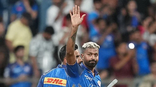 | Photo: AP/Rafiq Maqbool : Mumbai Indians captain Hardik Pandya celebrates after won the match during the Indian Premier League cricket match between Mumbai Indians and Kolkata Knight Riders in Mumbai.